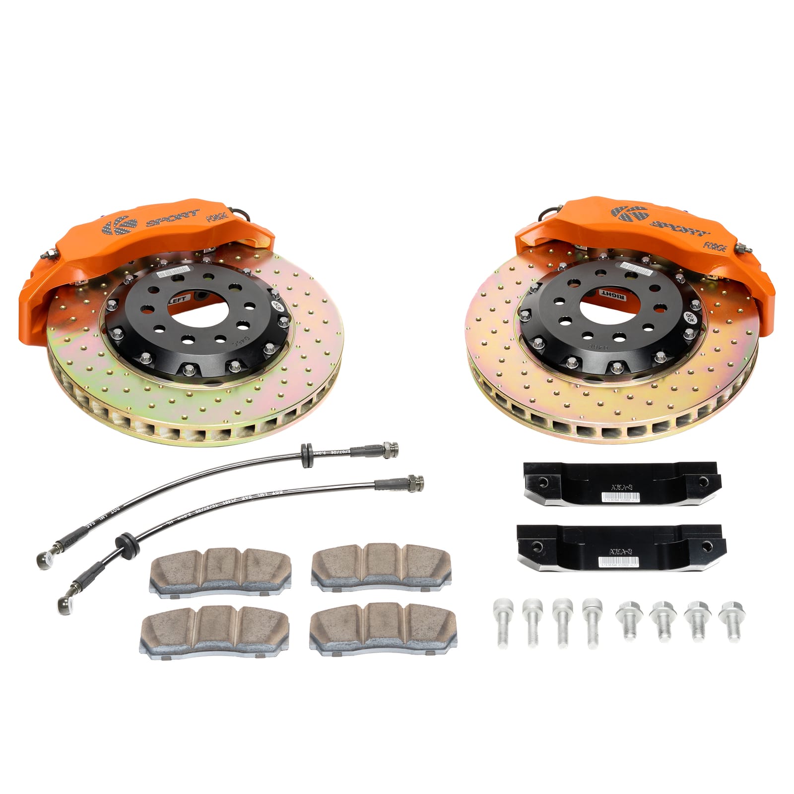 KSport orange calipers, cross-drilled two-piece rotors, pads, lines and hardware